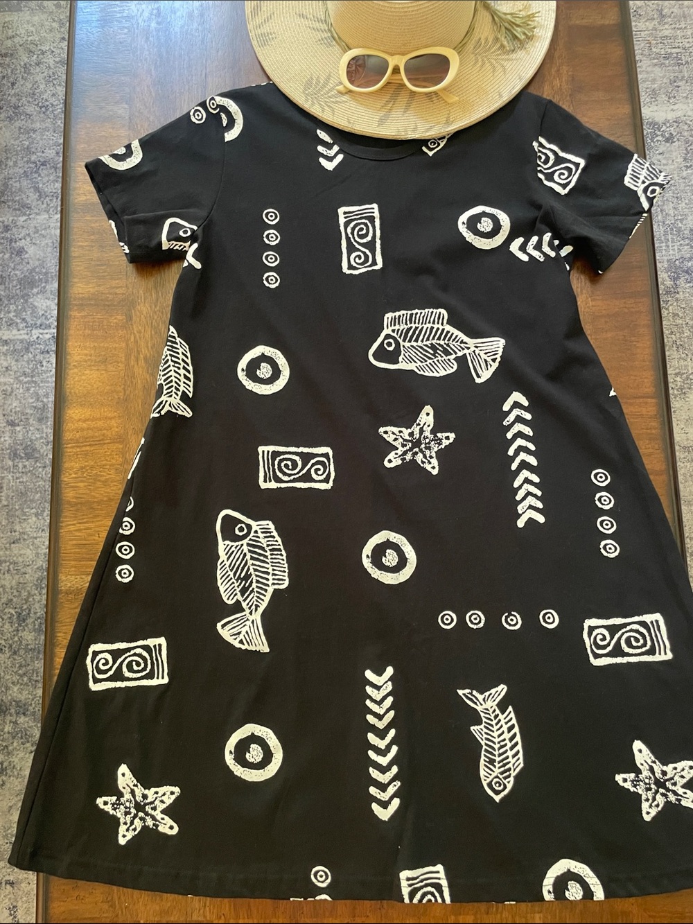 Printed Beach Motif on Black Midi Dress in Perfect Condition